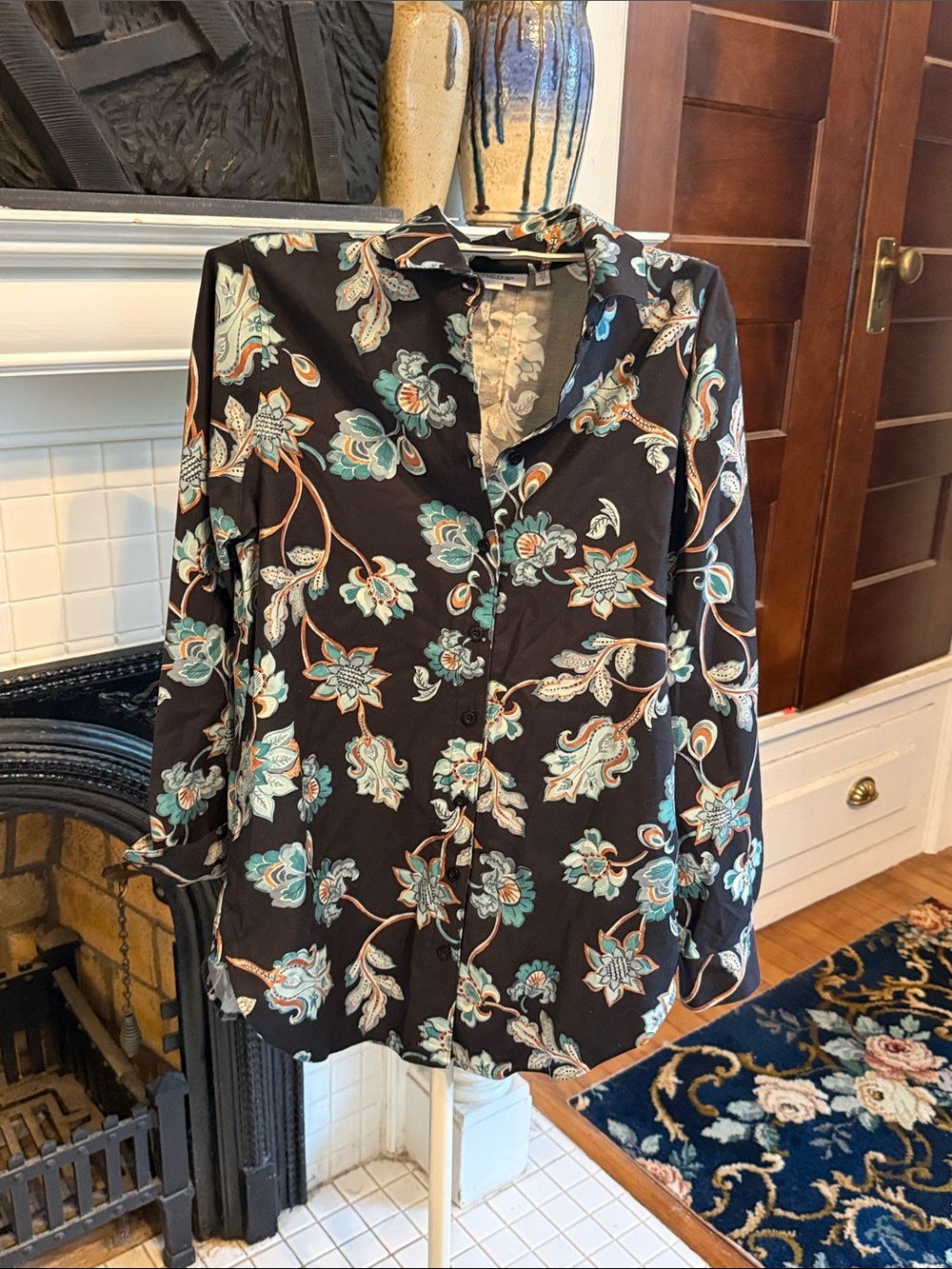 Chico's Black Button-Down tunic with Teal & Cream Floral Print- worn 1-2 times